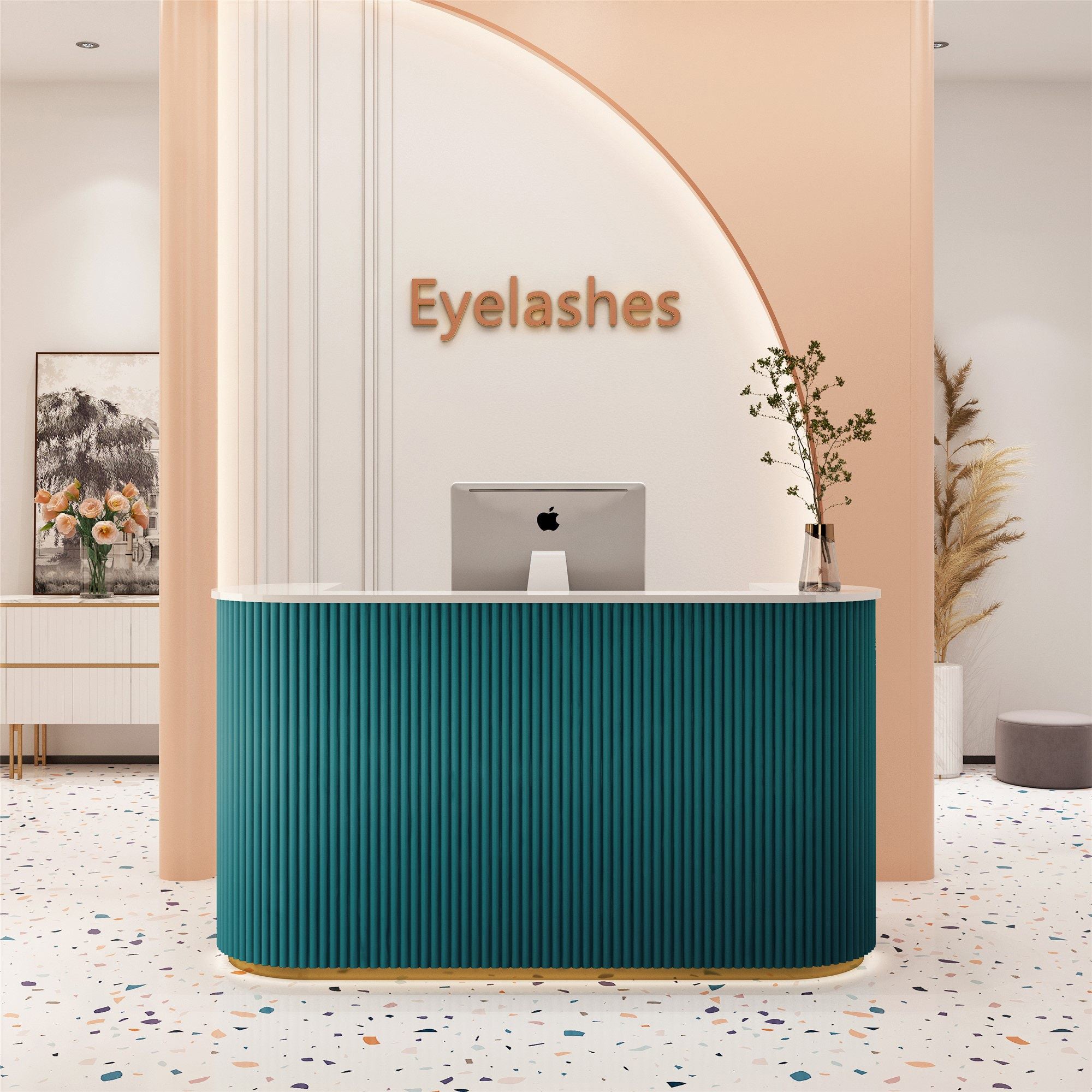 資訊櫃檯、接待台、收銀台、緊湊型、高檔、R 型表面、LED 燈帶、帶頂板、深綠色、可自訂、RD-A52