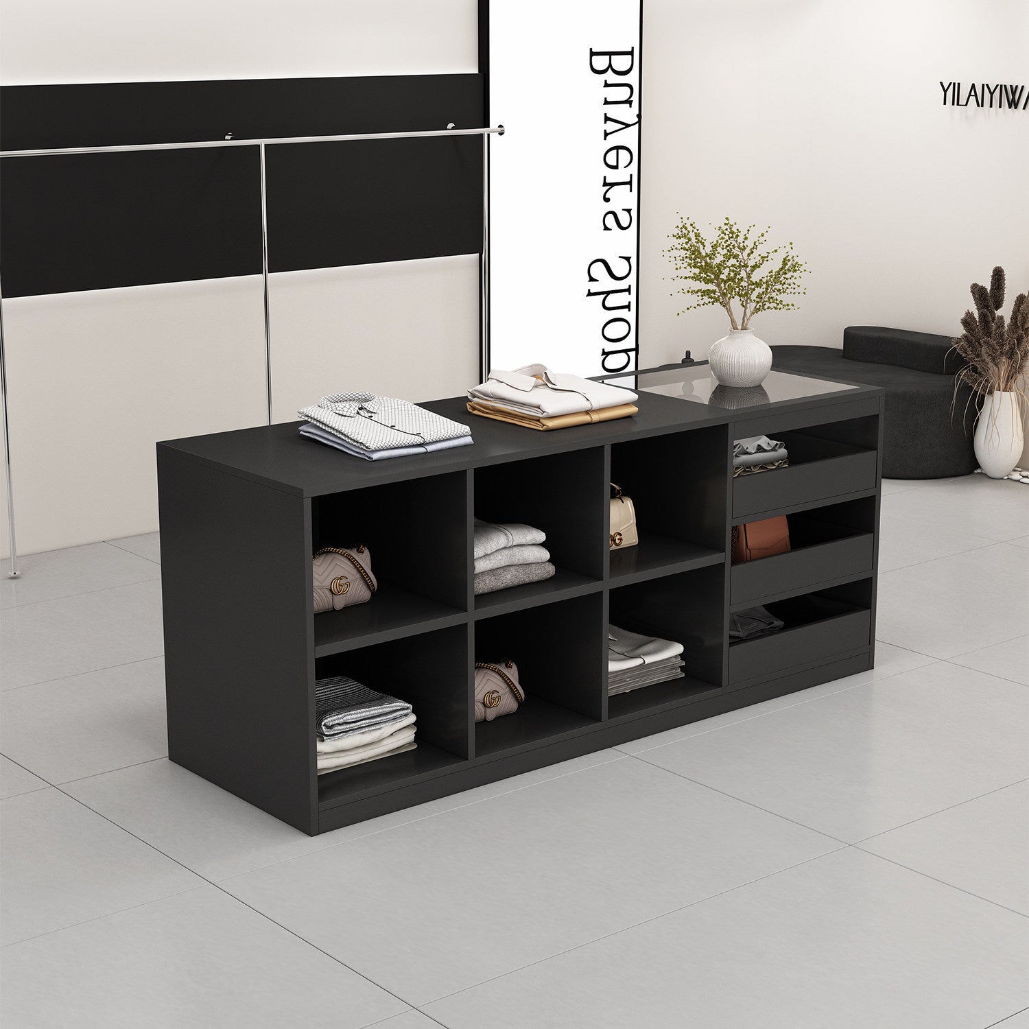 Apparel store display island, women's clothing store with glass decorative counter, display for ornaments and accessories, storage cabinet, bar table ZDT-A02