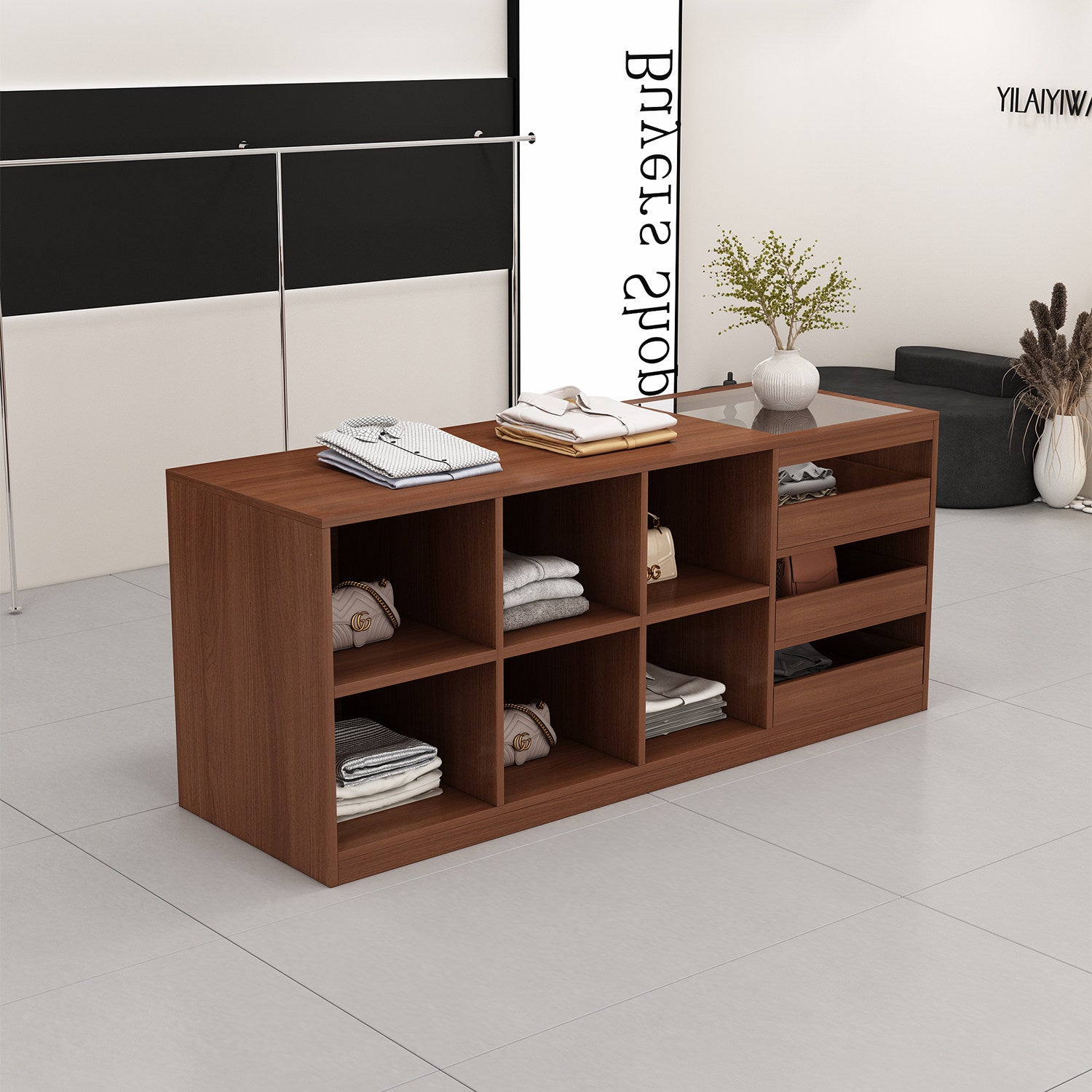 Apparel store display island, women's clothing store with glass decorative counter, display for ornaments and accessories, storage cabinet, bar table ZDT-A02