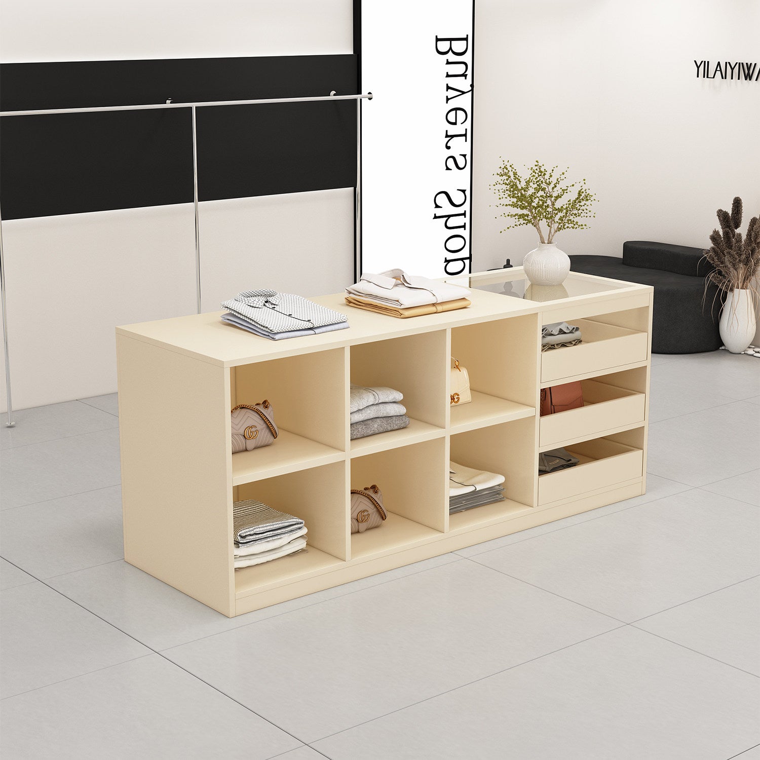 Apparel store display island, women's clothing store with glass decorative counter, display for ornaments and accessories, storage cabinet, bar table ZDT-A02